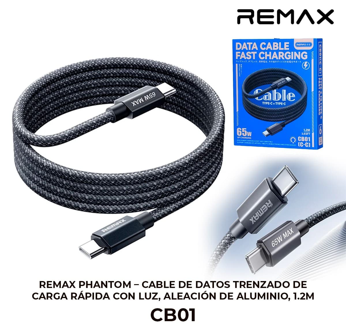 Remax Phantom - Cable de Datos Trenzado de Carga Rápida con Luz, Aleación de Aluminio, 1.2m