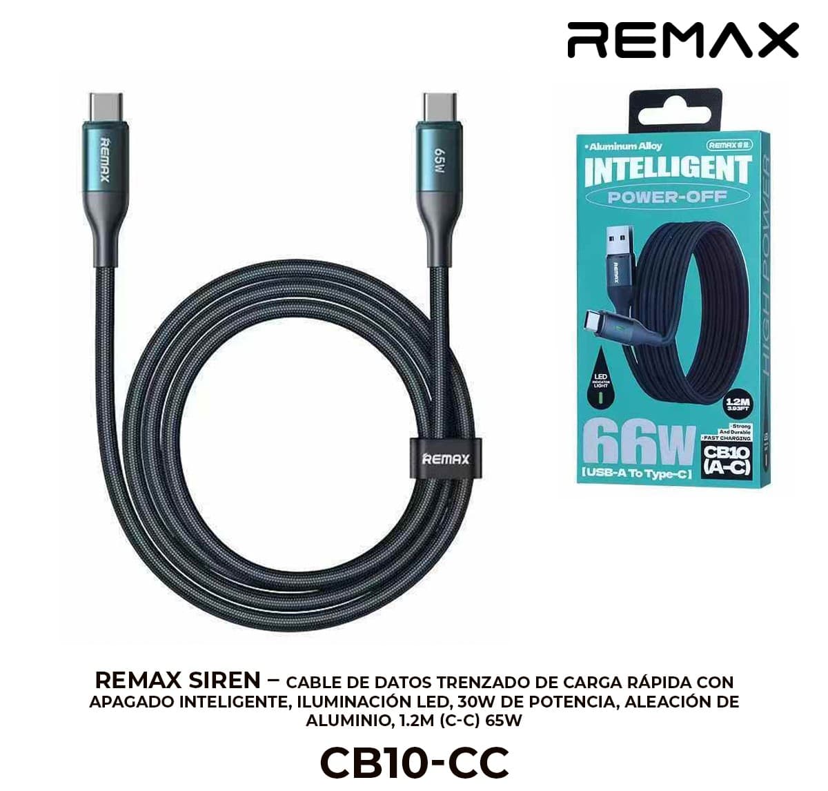 Remax Siren - Cable de Datos Trenzado de Carga Rápida con Apagado Inteligente, Iluminación LED, 30W de Potencia, Aleación de Aluminio, 1.2m (C-C) 65W