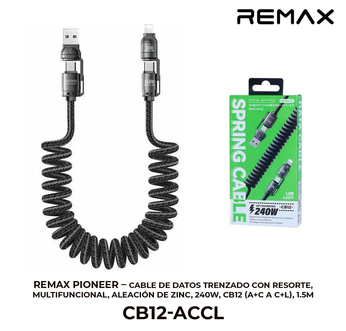 Remax Pioneer - Cable de Datos Trenzado con Resorte, Multifuncional, Aleación de Zinc, 240W, CB12 (A+C a C+L), 1.5m