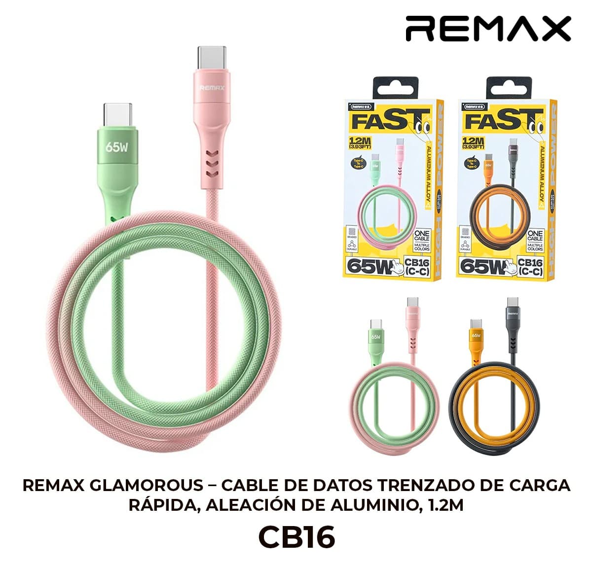 REMAX Glamorous — Cable de Datos Trenzado de Carga Rápida 65W, 1.2M