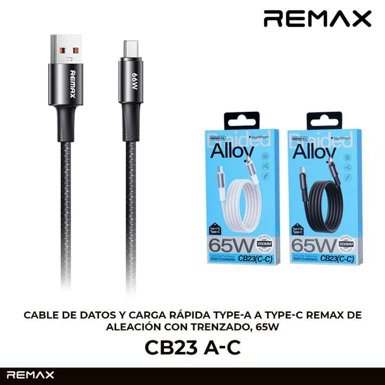 Remax Cable de Datos y Carga Rápida Type-A a Type-C de Aleación con Trenzado, 65W