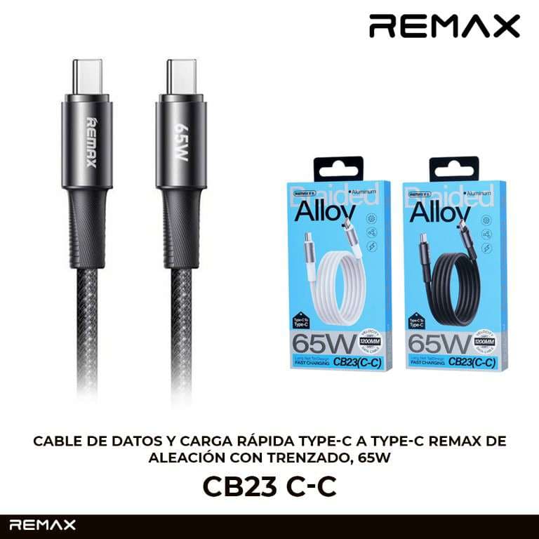 Remax Cable de Datos y Carga Rápida Type-C a Type-C de Aleación con Trenzado, 65W