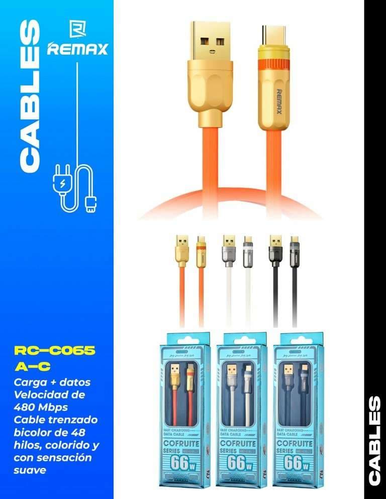 Remax Cofruite Series Cable Trenzado Bicolor de 48 Hilos, Carga + Datos 480 Mbps 66W (A-C)