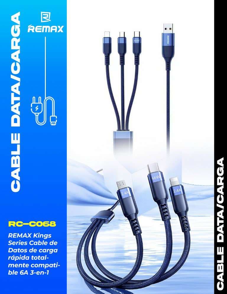 Remax Kings Series Cable de Datos de Carga Rápida Totalmente Compatible 6A 3 en 1