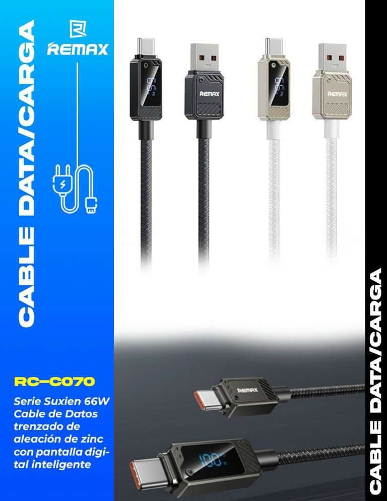 Remax Suxien Series 66W Cable de Datos Trenzado de Aleación de Zinc con Pantalla Digital Inteligente (A-C)