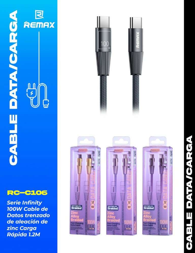 Remax Infinity Series 100W Cable de Datos Trenzado de Aleación de Zinc, Carga Rápida 1.2m