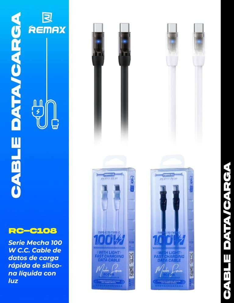 Remax Mecha Series 100W Cable de Datos de Carga Rápida de Silicona Líquida con Luz (C-C)