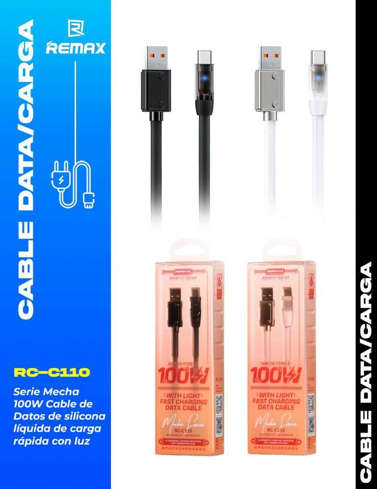 Remax Mecha Series 100W Cable de Datos de Silicona Líquida de Carga Rápida con Luz (A-C)
