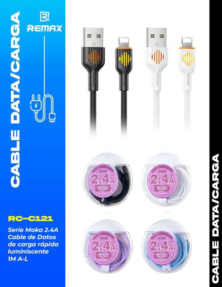 Remax Moka Series 2.4A Cable de Datos de Carga Rápida Luminiscente 1m (A-L)