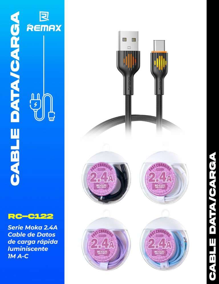 Remax Moka Series 2.4A Cable de Datos de Carga Rápida Luminiscente 1m (A-C)