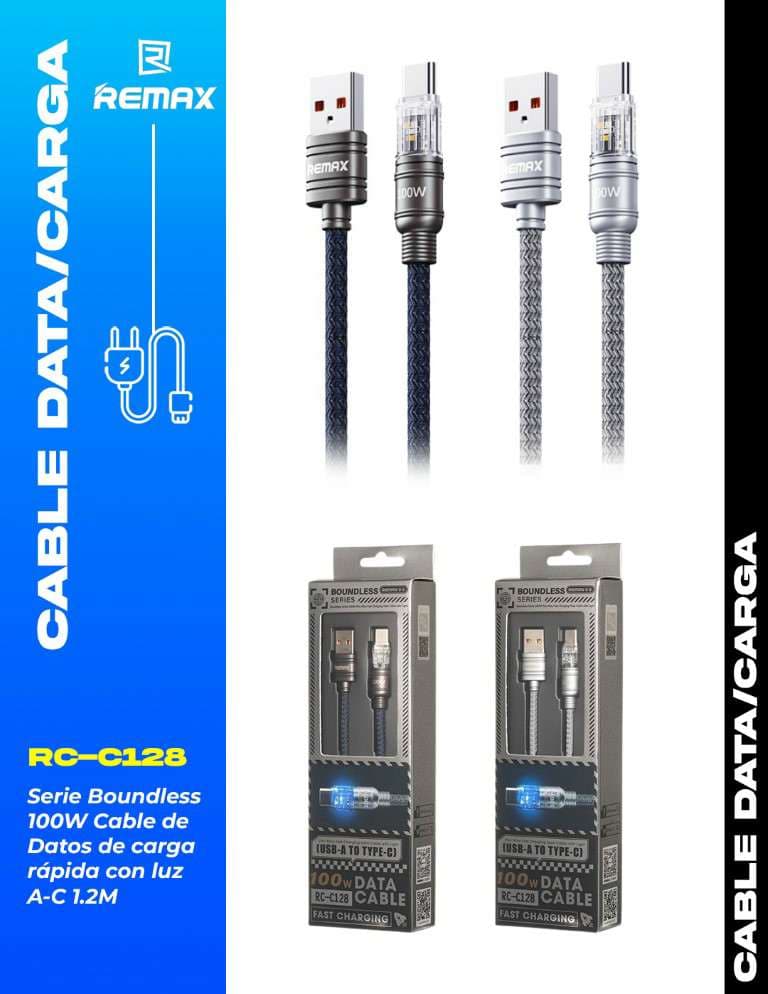 Remax Boundless Series 100W Cable de Datos de Carga Rápida con Luz (A-C) 1.2m