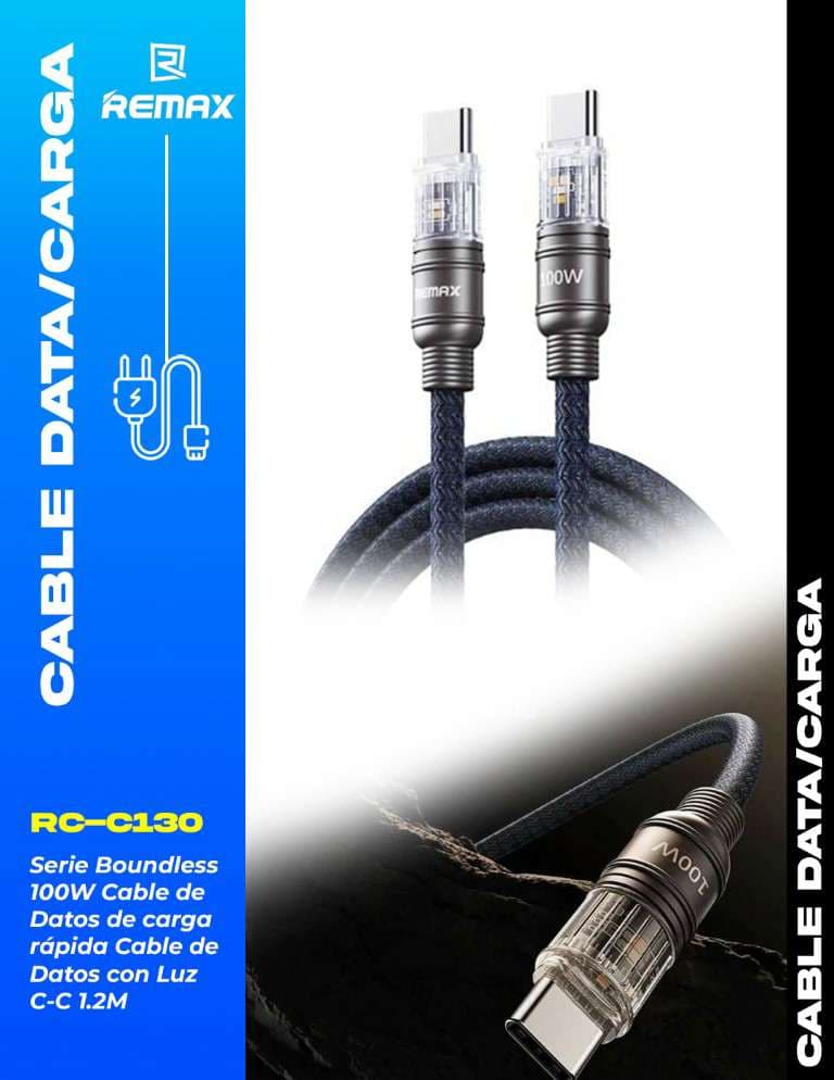 Remax Boundless Series 100W Cable de Datos de Carga Rápida con Luz (C-C) 1.2m