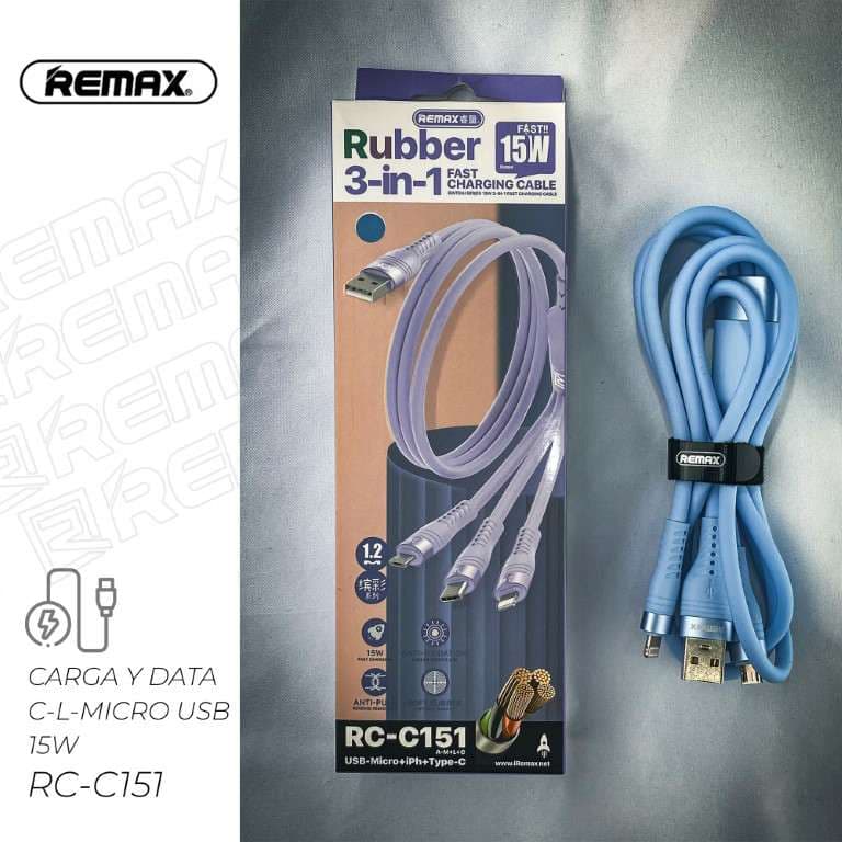 Remax Rubber 3 en 1 Cable de Carga y Data 15W (C-L-Micro USB)