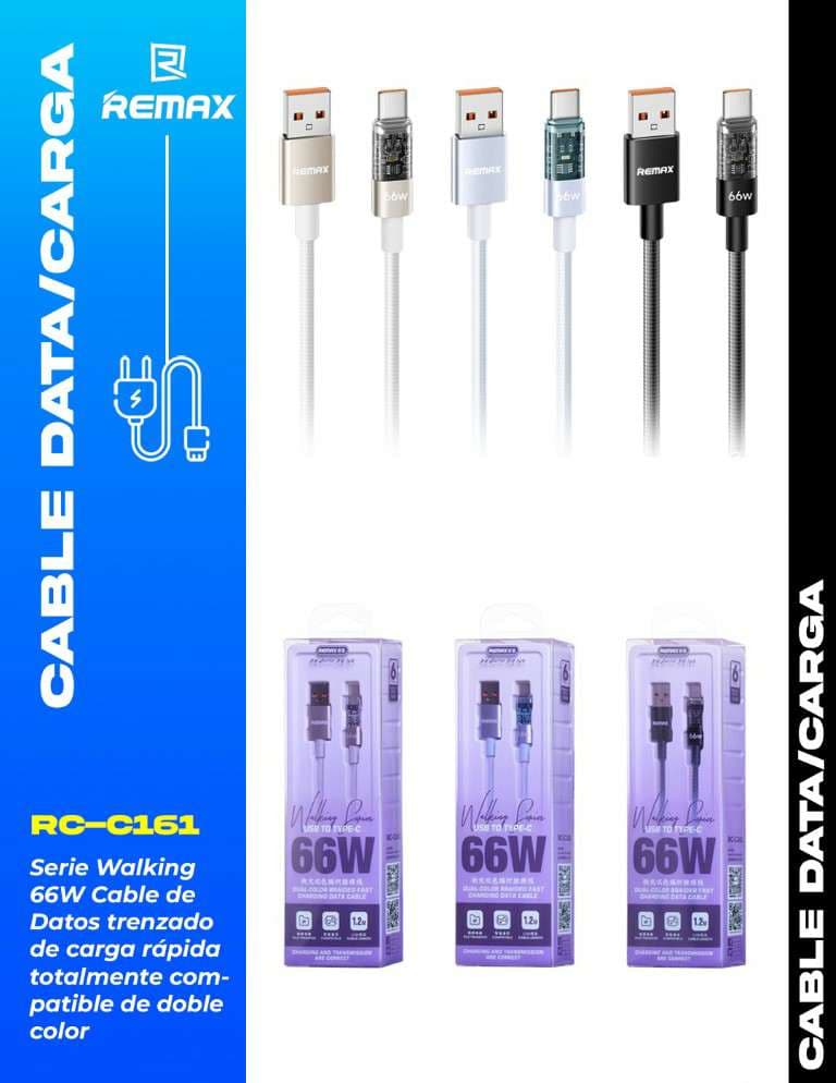 Remax Walking Series 66W Cable de Datos Trenzado de Carga Rápida Totalmente Compatible de Doble Color