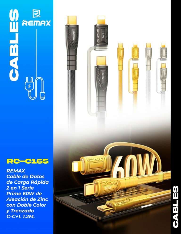 Remax Prime Series Cable de Datos de Carga Rápida 2 en 1, 60W, Aleación de Zinc con Doble Color y Trenzado (C-C+L) 1.2m