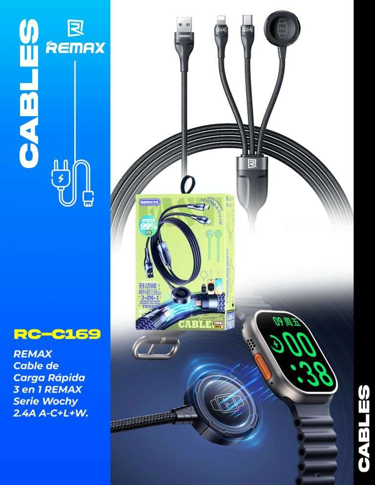 Remax Wochy Series Cable de Carga Rápida 3 en 1, 2.4A (A-C+L+W)
