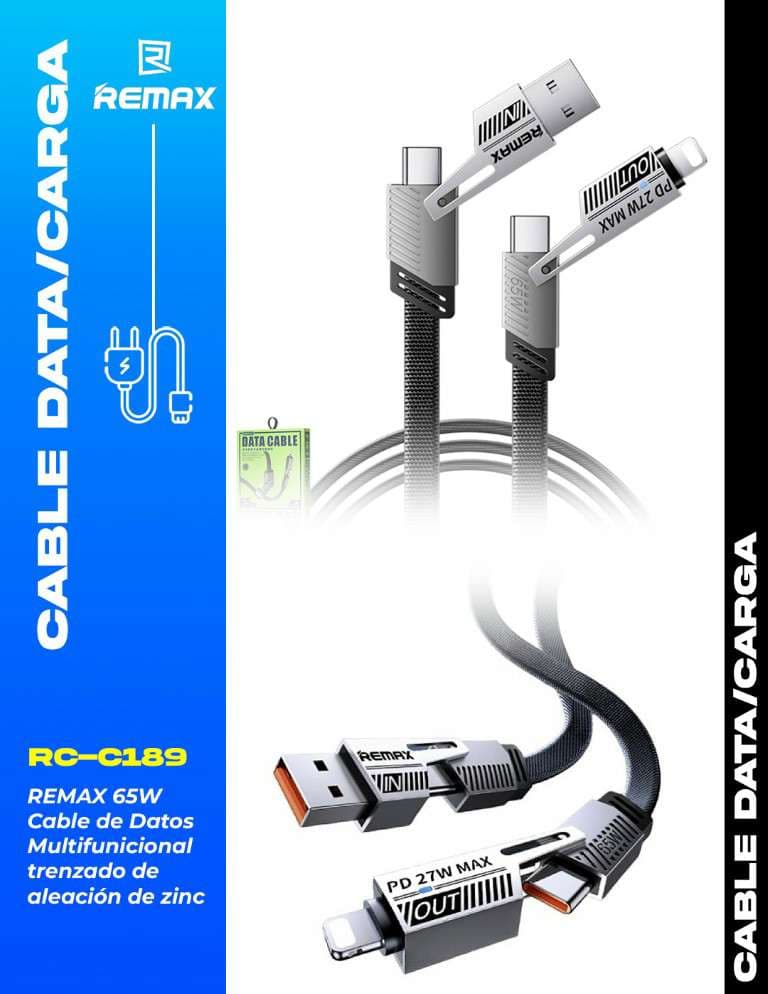 Remax 65W Cable de Datos Multifuncional Trenzado de Aleación de Zinc