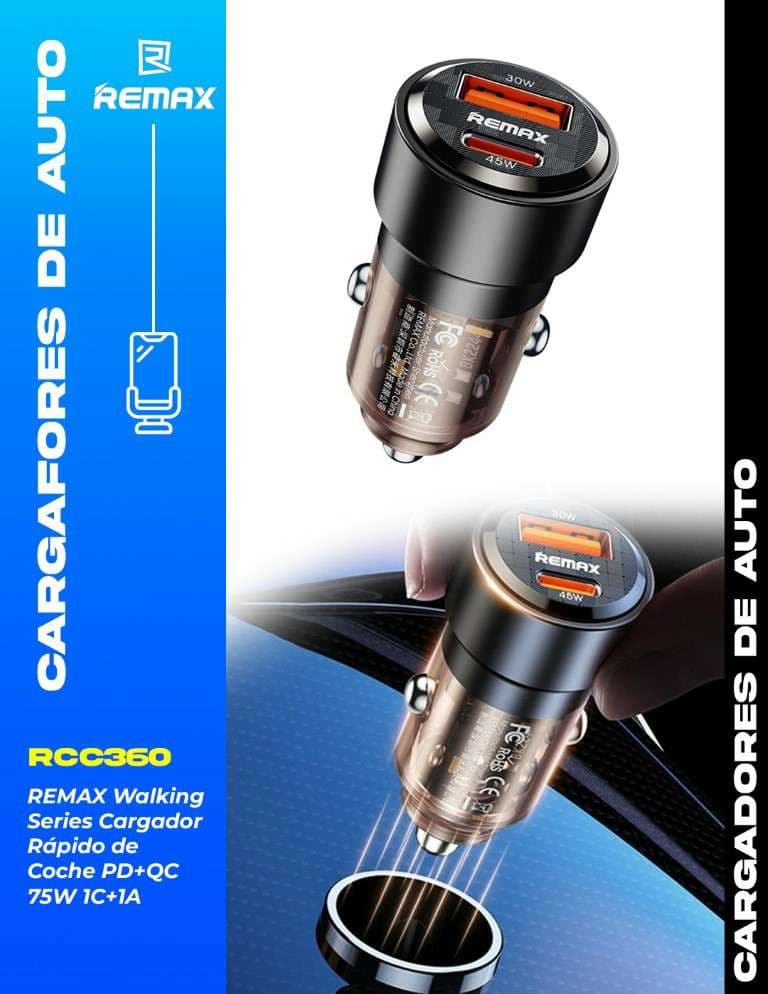 Remax Walking Series Cargador Rápido de Coche PD+QC 75W (1C+1A)