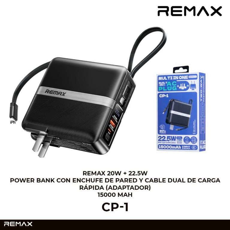 Remax Power Bank 20W + 22.5W con Enchufe de Pared y Cable Dual de Carga Rápida (Adaptador), 15000mAh