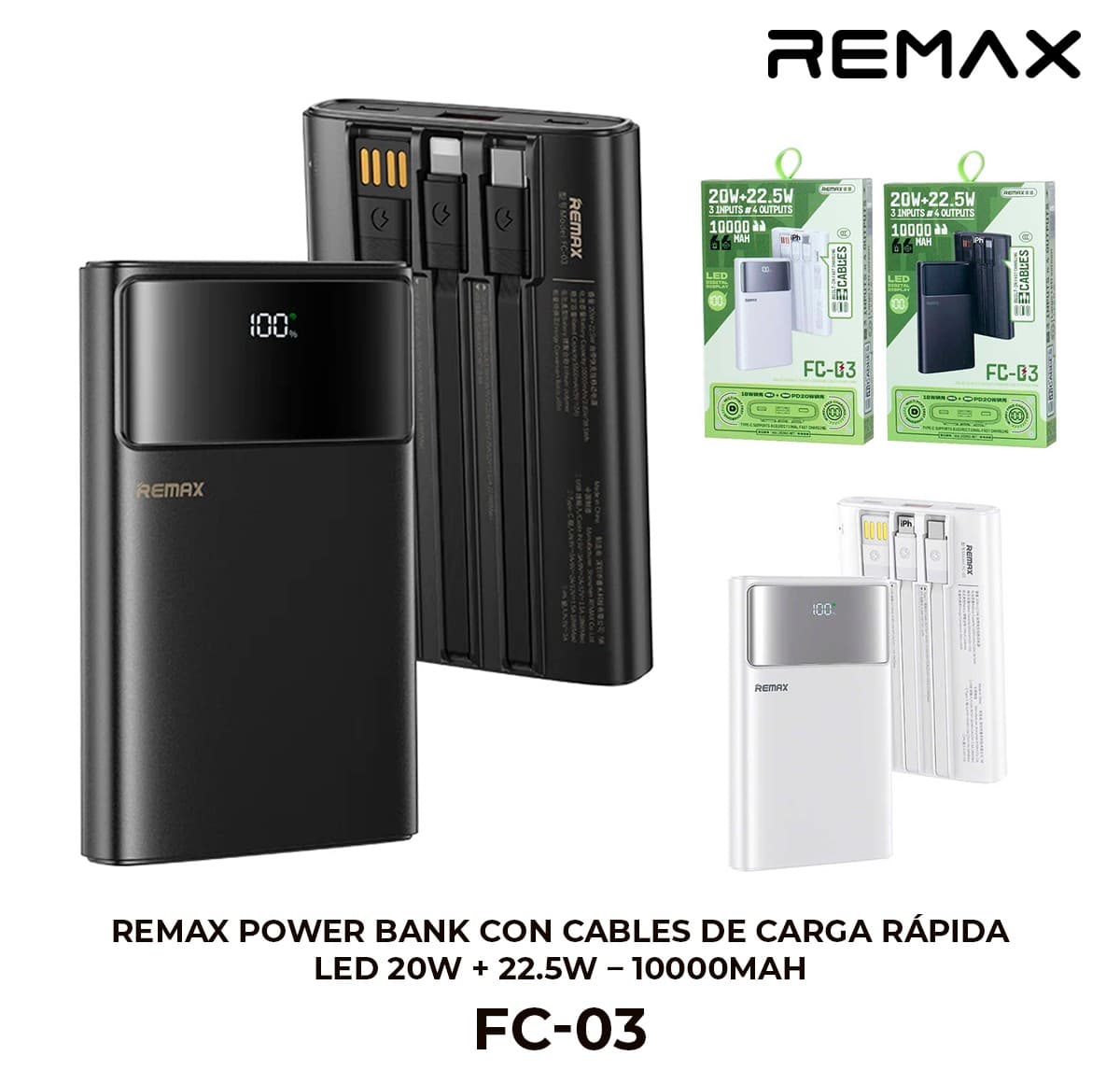 Remax Power Bank con Cables de Carga Rápida LED 20W + 22.5W - 10000mAh