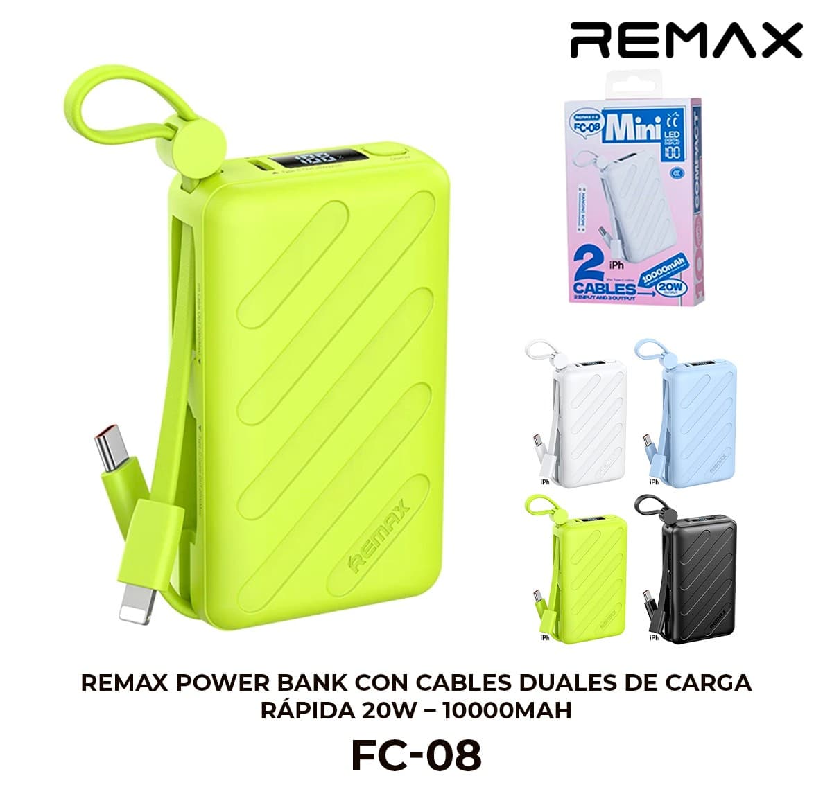 Remax Power Bank con Cables Duales de Carga Rápida 20W - 10000mAh