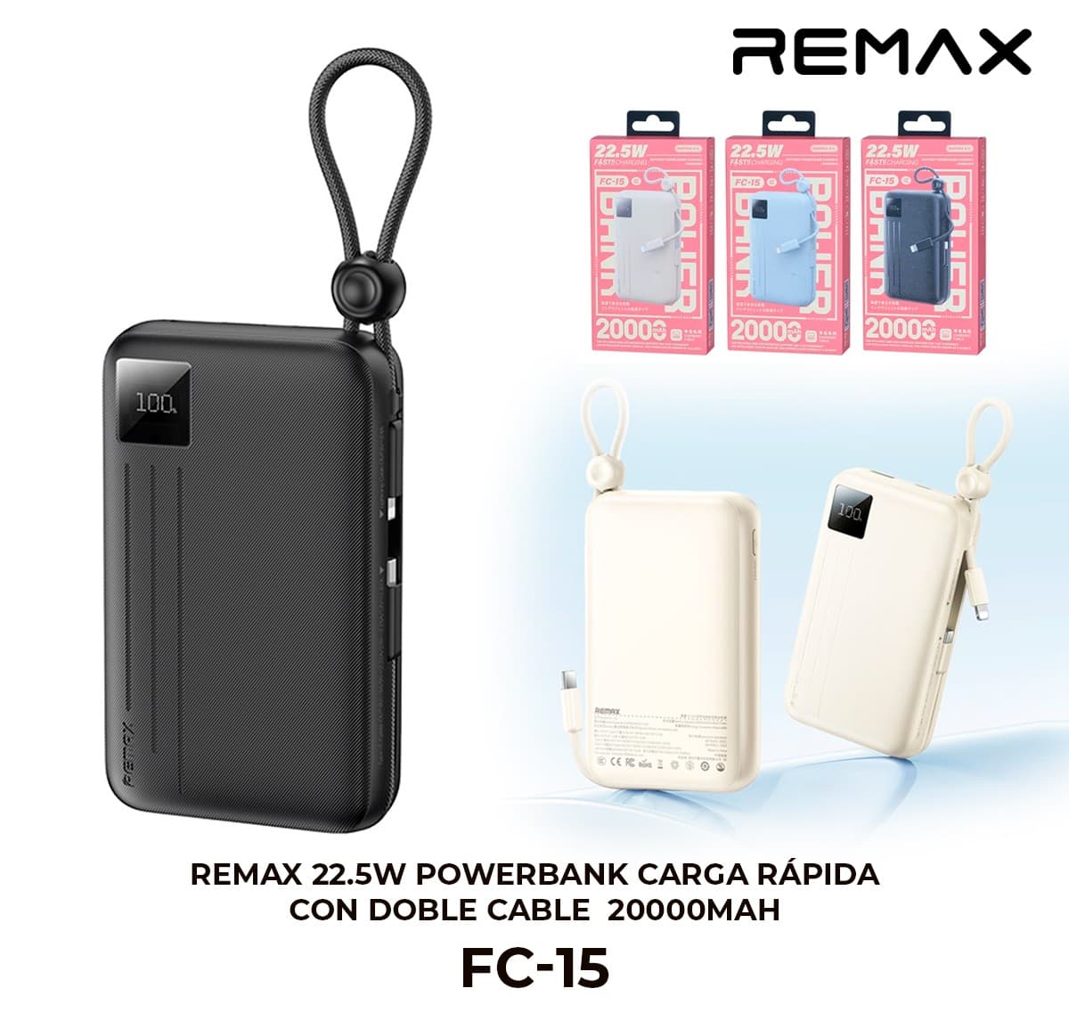 Remax 22.5W Powerbank Carga Rápida con Doble Cable 20000mAh