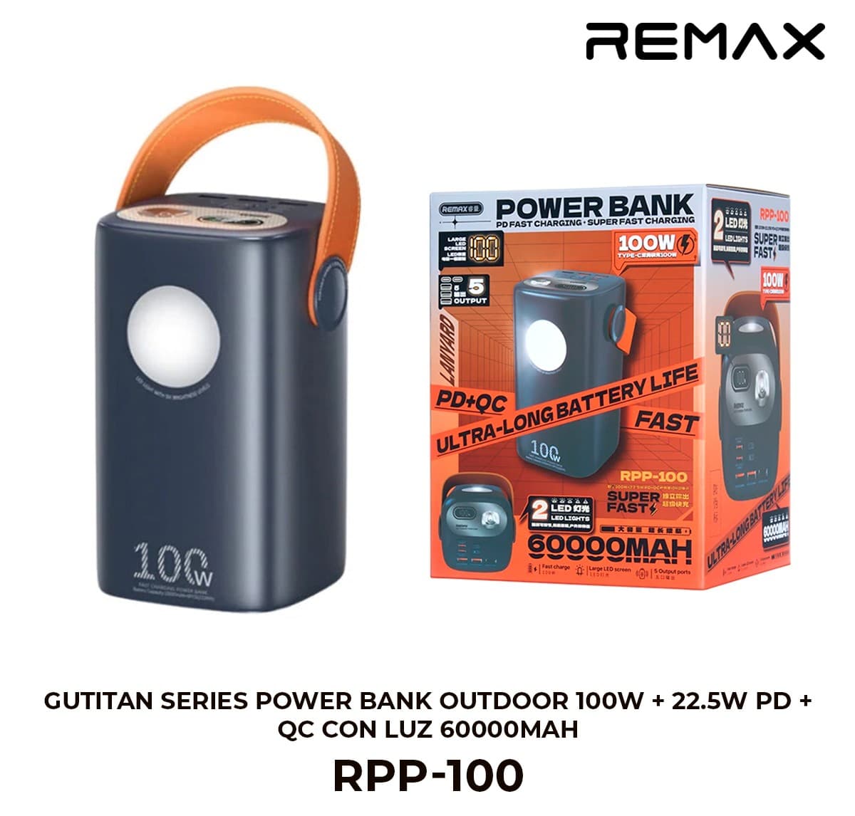 Gutitan Series Power Bank Outdoor 60000mAh 100W + 22.5W PD+QC con Luz