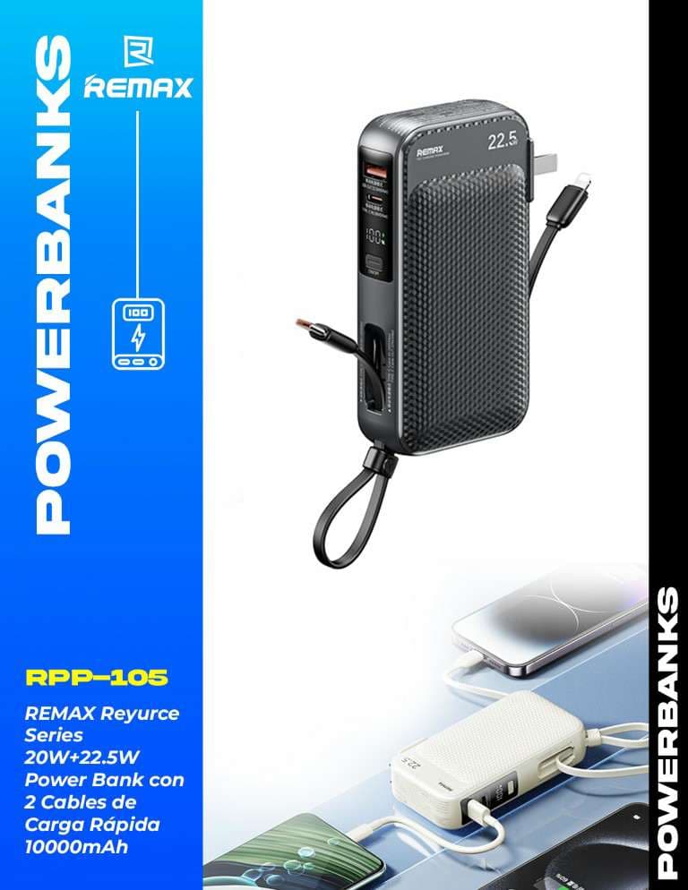 Remax Reyurce Series 20W+22.5W Power Bank con 2 Cables de Carga Rápida 10000mAh