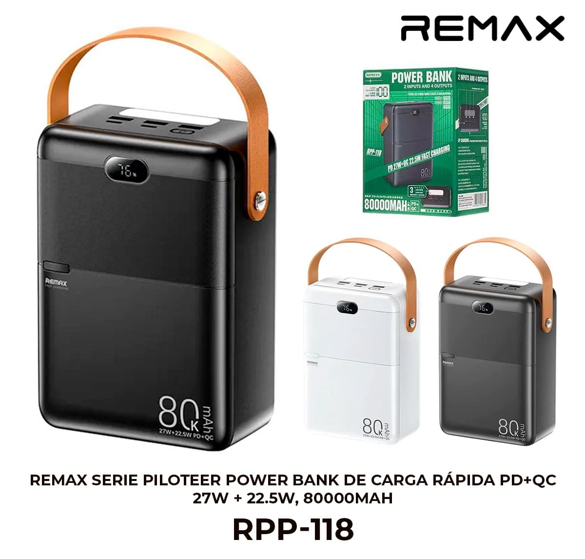 Remax Serie Piloteer Power Bank de Carga Rápida PD+QC 27W + 22.5W, 80000mAh