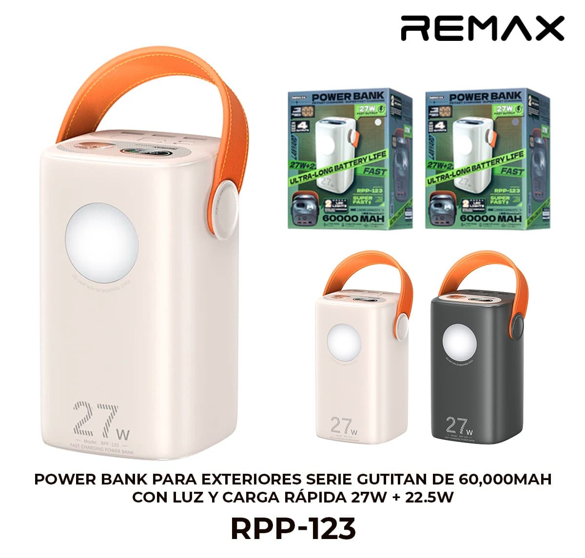 Power Bank para Exteriores Serie Gutitan de 60,000mAh con Luz y Carga Rápida 27W + 22.5W