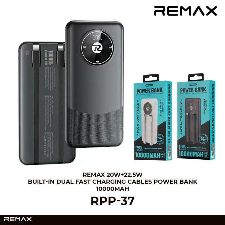 Remax Power Bank 10000mAh 20W+22.5W con Cables de Carga Rápida Incorporados