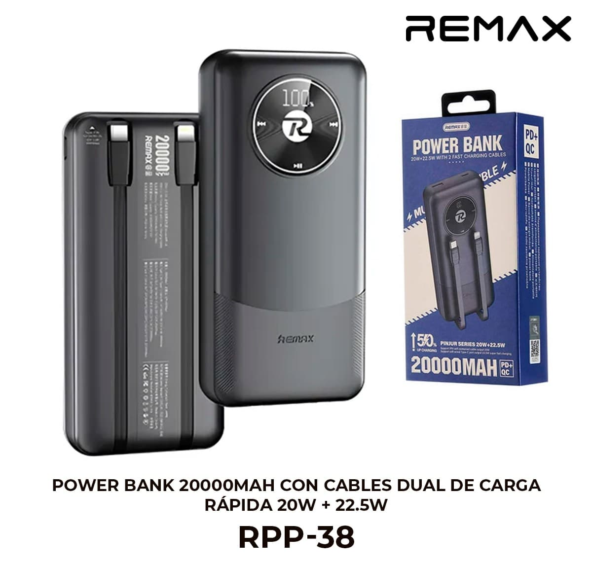 Remax 20W+22.5W Power Bank Built-in Carga Rápida con Cables 20000mAh
