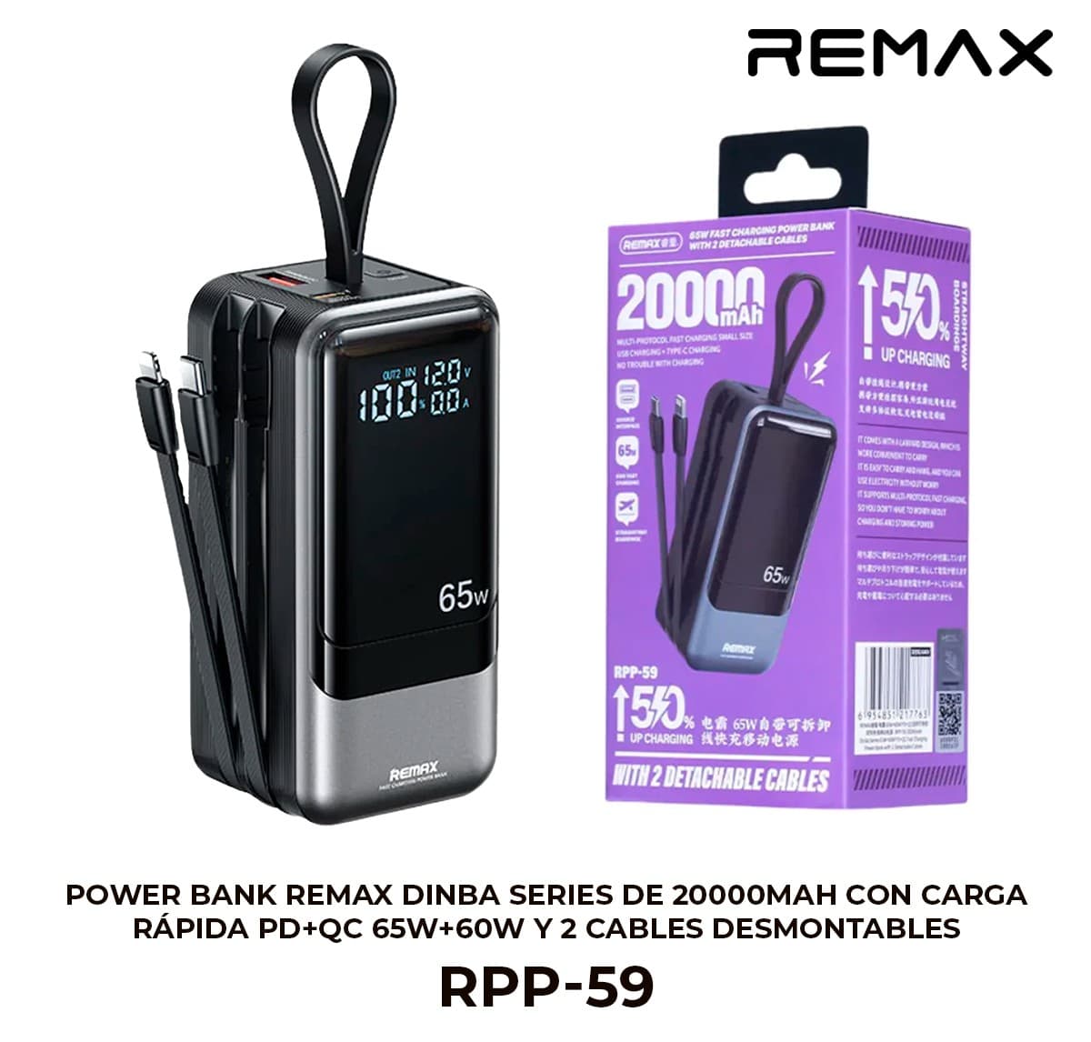 Power Bank Remax Dinba Series de 20000mAh con Carga Rápida PD+QC 65W+60W y 2 Cables Desmontables
