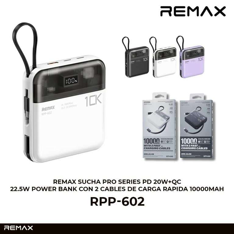 Remax Sucha Pro Series PD 20W+QC 22.5W Power Bank con 2 Cables de Carga Rápida 10000mAh