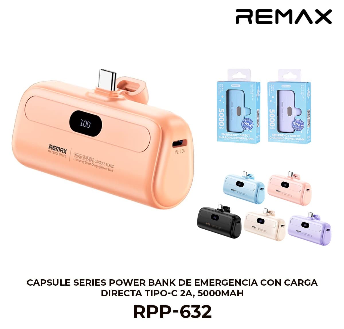 Capsule Series Power Bank de Emergencia con Carga Directa Tipo-C 2A, 5000mAh