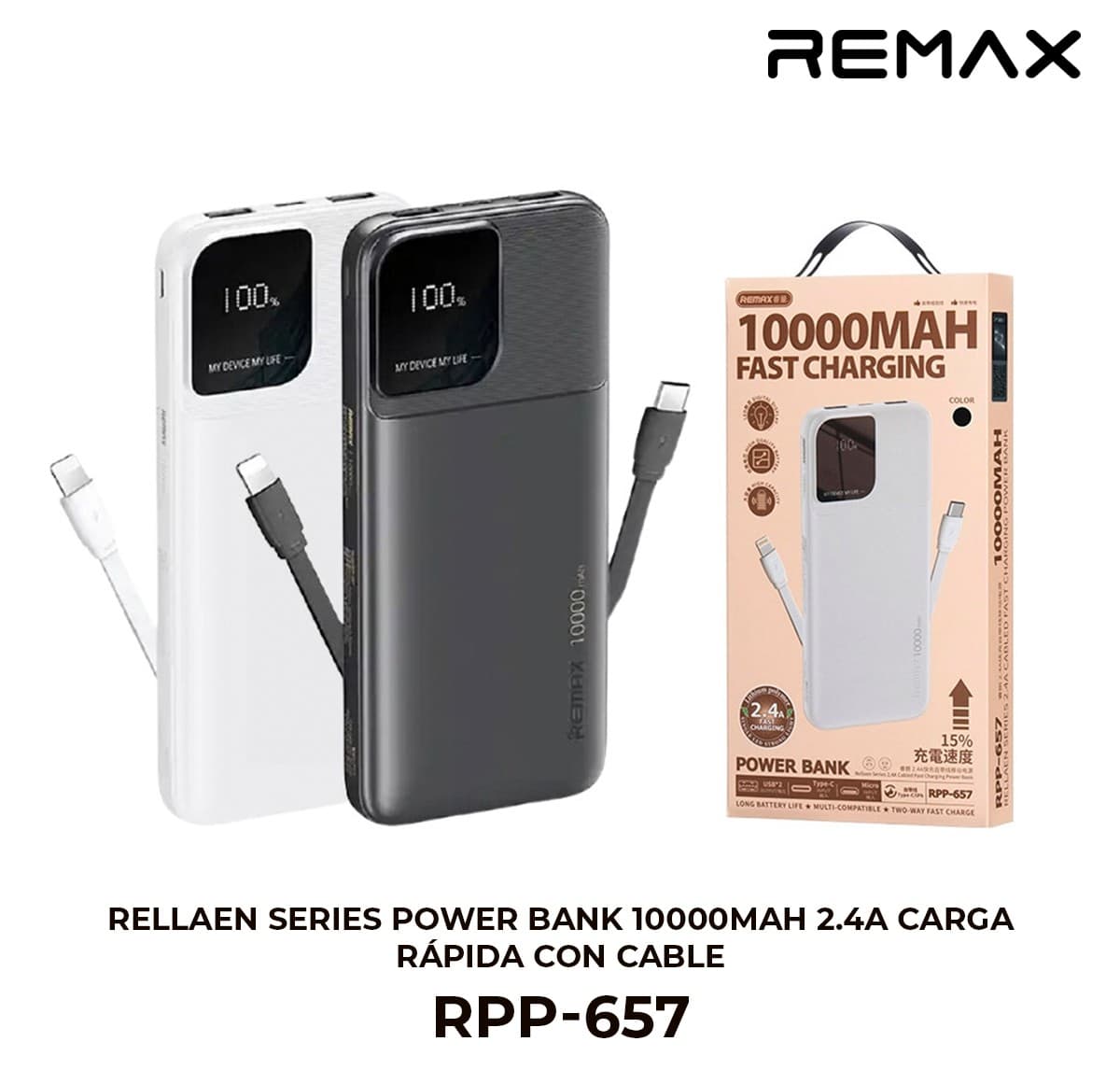 Rellaen Series Power Bank 10000mAh 2.4A con Cable Integrado