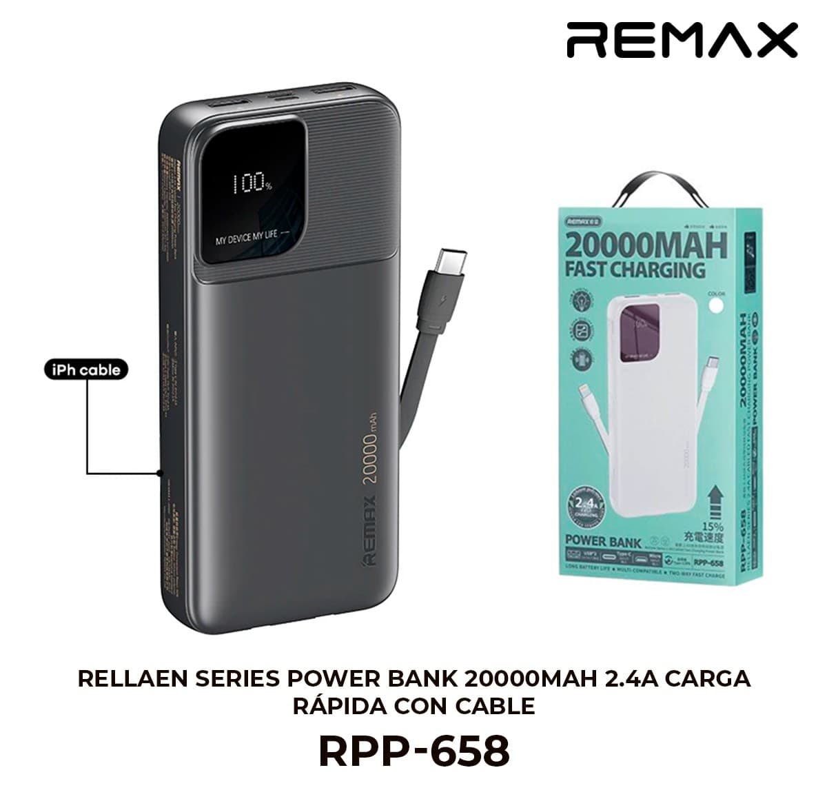 Rellaen Series Power Bank 20000mAh 2.4A con Cable Integrado