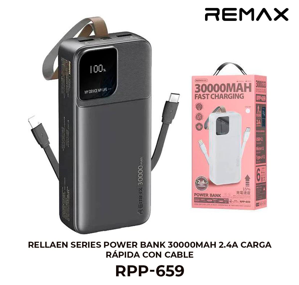 Rellaen Series Power Bank 30000mAh 2.4A con Cable Integrado