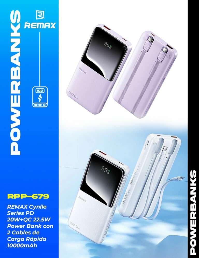 Remax Cynlle Series PD 20W+QC 22.5W Power Bank con 2 Cables de Carga Rápida 10000mAh