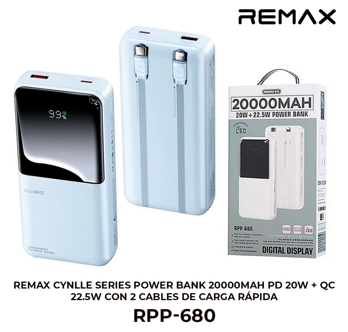 Cynlle Series Power Bank 20000mAh PD20W + QC22.5W con 2 Cables