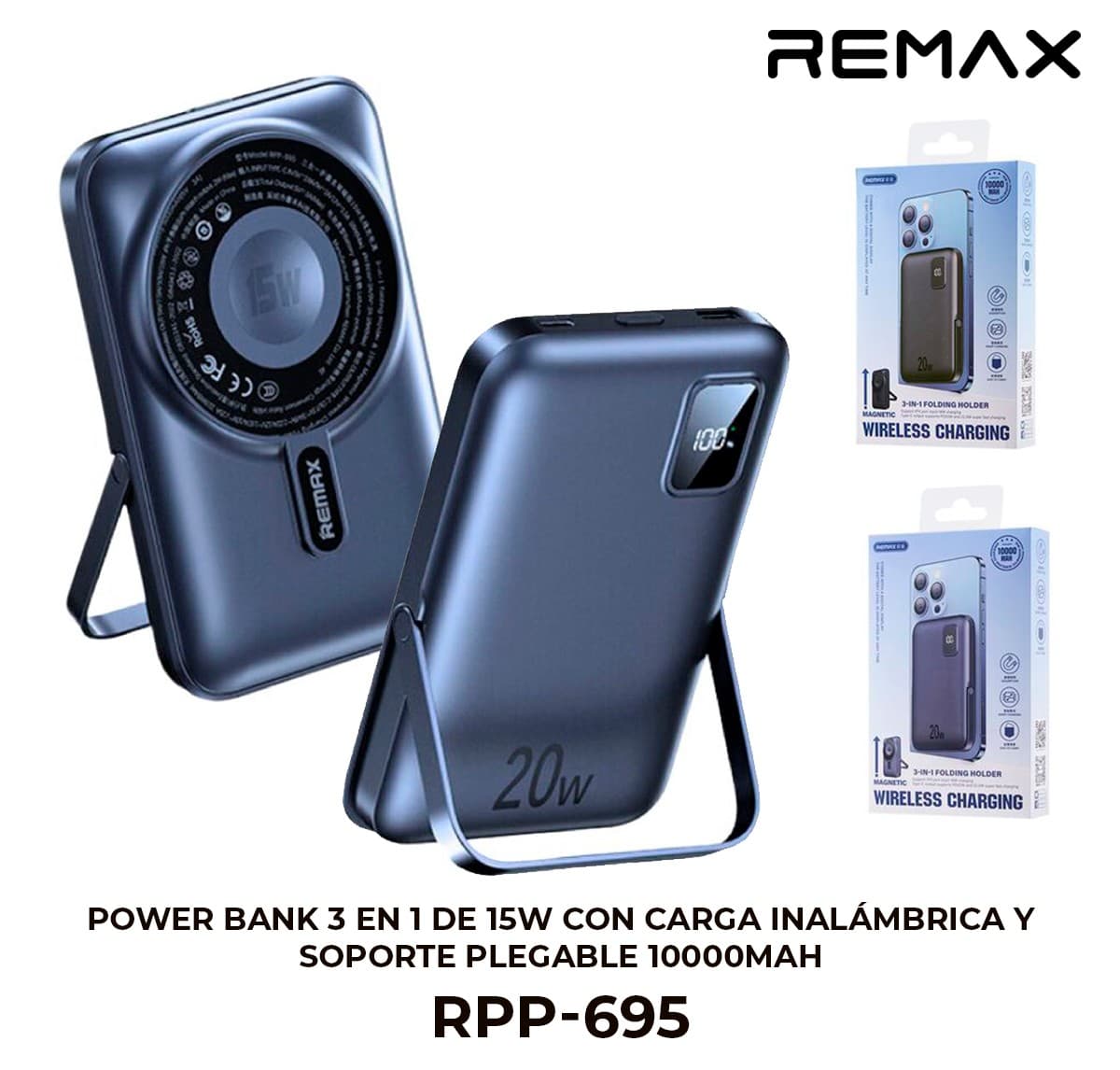 Power Bank REMAX 3 en 1 con Carga Inalámbrica 15W y Soporte Plegable 10000mAh