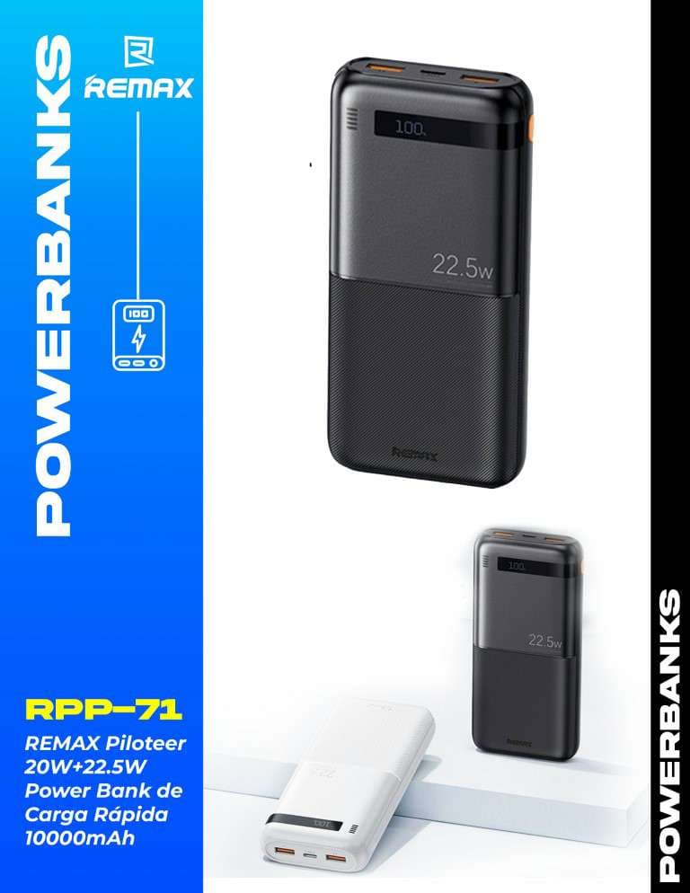 Remax Piloteer Series 20W+22.5W Power Bank de Carga Rápida 10000mAh