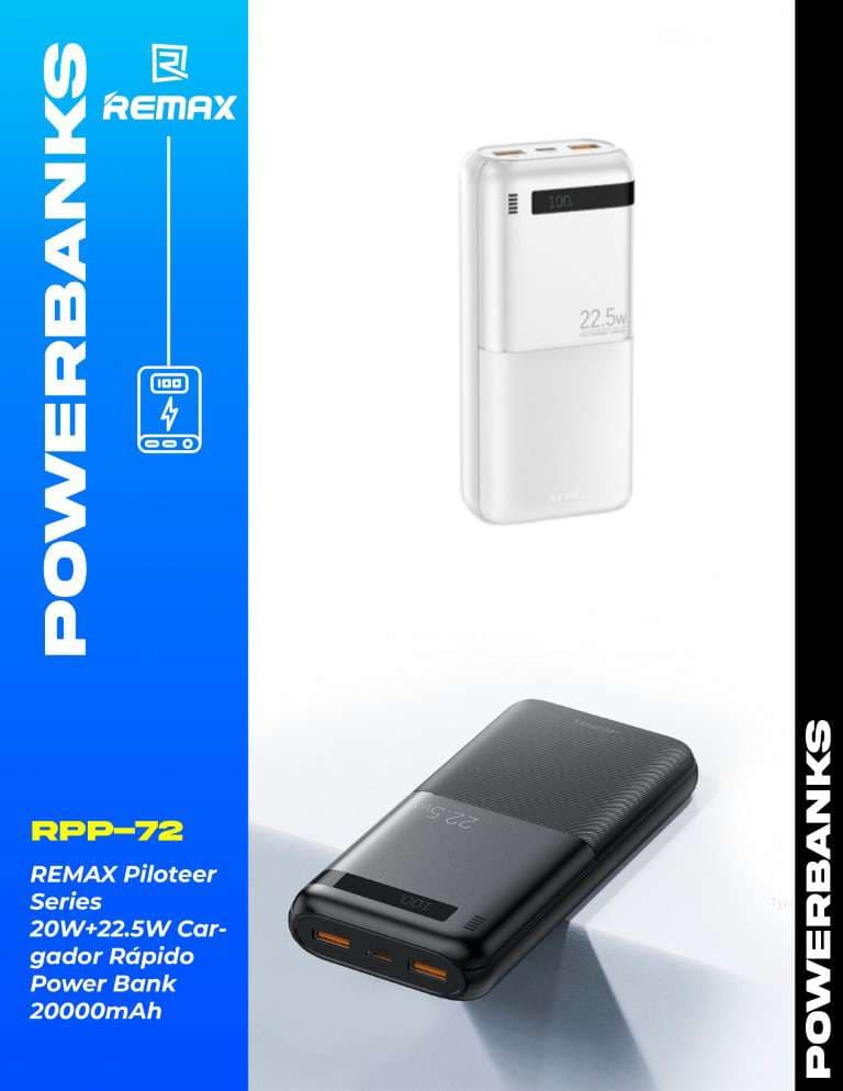 Remax Piloteer Series 20W+22.5W Cargador Rápido Power Bank 20000mAh